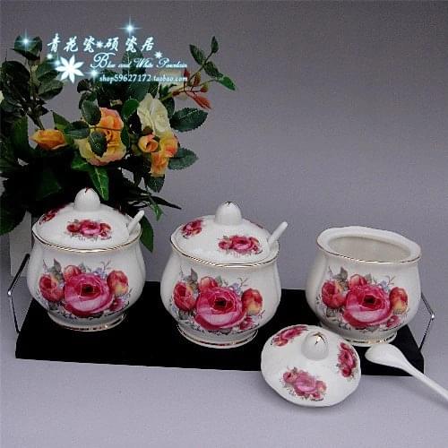GUCI Flower King Jingdezhen high temperature Phnom Penh ceramic seasoning tank three - piece set to send the spoon base