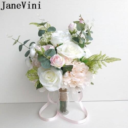 JaneVini 2019 Countryside Style Bridal Bouquets Artificial Silk Flower White Light Pink Rose Bride Wedding Bouquet Blumenstrauss