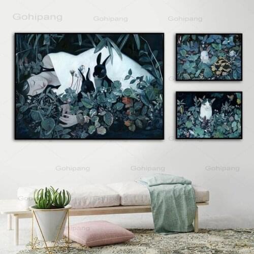 Canvas Painting Sleep Girl Rabbit Cat Flower Leaf Plant Wall Art Nordic Posters Art Prints Wall Pictures for Living Room Decor