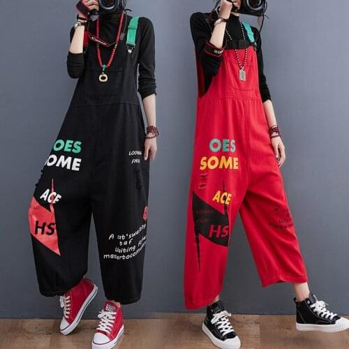 Streetwear Jumpsuits Women 2021 Plus Size Loose Printed Denim Strap Lantern Pants Letters Casual Female Jeans Bib Trousers M362
