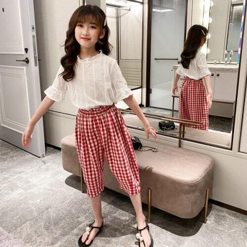 Girl Clothes Set Summer White Tops Shirts and Plaid Pants 2 Pcs Suit Boutique Kids Clothing Sets 4 6 8 10 12 14Y Teen Girl