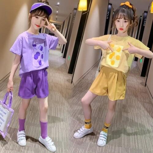 Kids Girls Clothes Sets Childrens Purple Yellow Short-Sleeved Tops +Short Pants Outfits Teenage Girls Summer Sport Suit Clothes