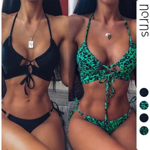 Norns Swimsuit Black Bikini Lady Quick-Dry Lace Up Split Swimsuit Green Leopard Bikini Swimsuit
