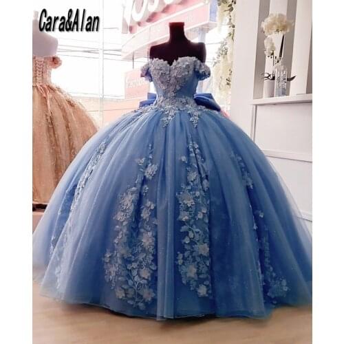Mexican Dusty Blue Quinceanera Dress with 3D Floral Applique Vestidos XV Años Sweet 16 Dress Bow robe de soirée