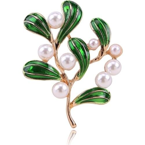 Fashion Design Jewelry Brooch Leafy Pearl Drop Oil Brooch Leaf Pearl Creative Party Jewelry Accessories Brooch