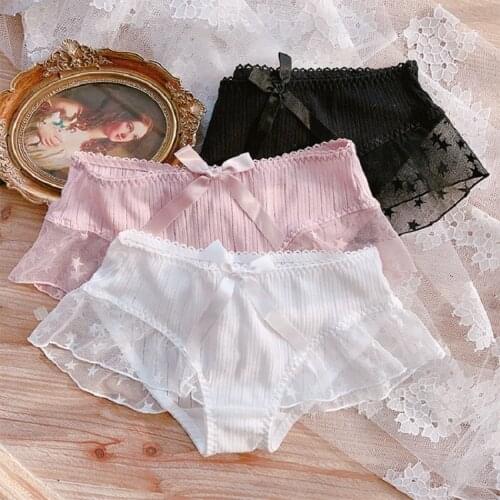 Wriufred Pure color breathable briefs soft striped cotton star jacquard lace underwear big flashing bow cute girly panties
