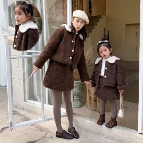 Family Matching Clothes Winter New Petal Collar Lamb Wool Coat Skirts 2 Pcs Set For Mother And Daughter Family Look Mommy And Me