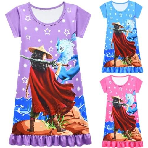 Girls Raya and The Last Dragon Dress Summer Clothes Cartoon Children Short Sleeve Ruffle Pajamas Princess Dresses Kids Sleepwear