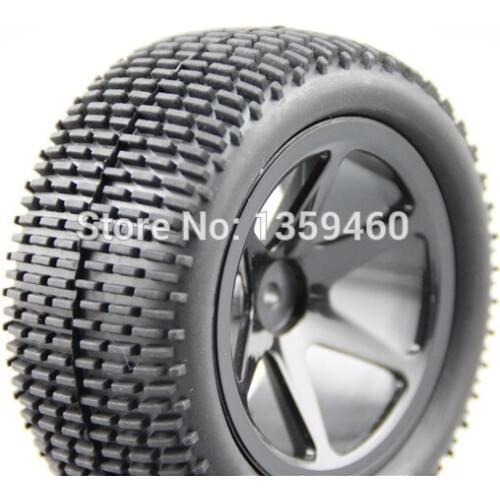 Pre-Glued 4pcs 1/10 Buggy Tires Tyre Lineae(Off-Road) 6 spoke Black Wheel Rim fits for 1:10 4WD Buggy Car 1/10 Tire