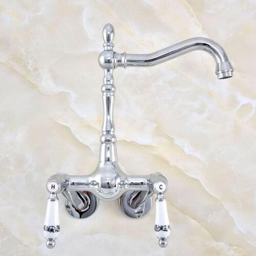 Silver Chrome Brass Wall Mounted Double Handles Bathroom Kitchen Sink Faucet Mixer Tap Swivel Spout - Adjusts From 3-3/8" aqg203