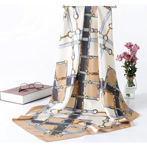 Silk Feeling Scarf Womens Fashion Pattern Beige Chain Large Square Satin Headscarf Printed Satin Bandana Women Scarf AA10133