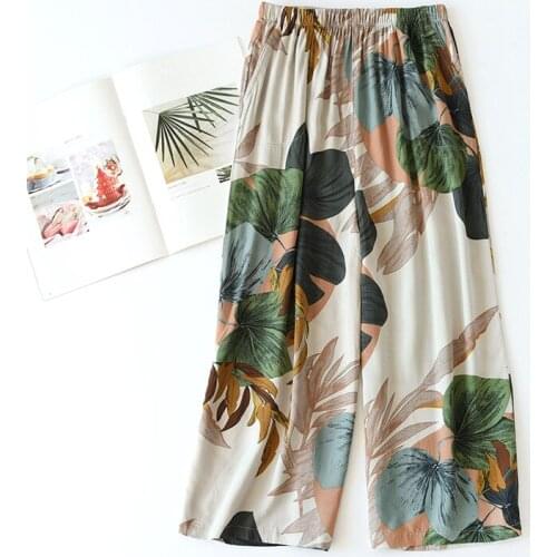 Women Pajama Pants Soft Capri Sleepwear Bottom Floral Print Loungewear Nightwear Soft Rayon Loose Casual Home Pants