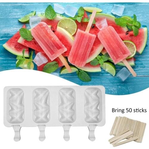 Popsicle Molds Silicone Ice Pop Molds with 50 Wooden Sticks 4 Cavities Homemade Ice Cream Mold for DIY Ice Cream Kitchen Tools