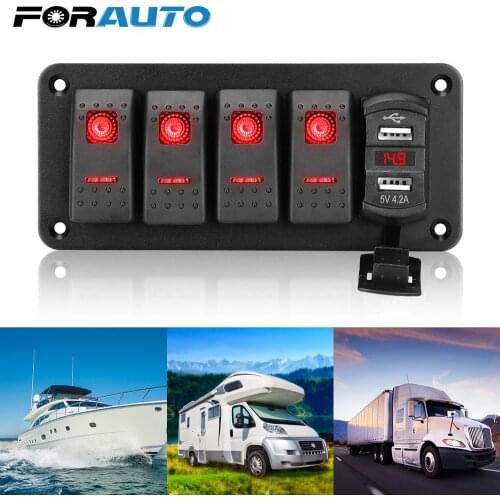 LED Switch Panel +Sticker 12V/24V For Car Marine 4 Gang Toggle Rocker Switch Dual USB Port Digital Voltmeter Waterproof