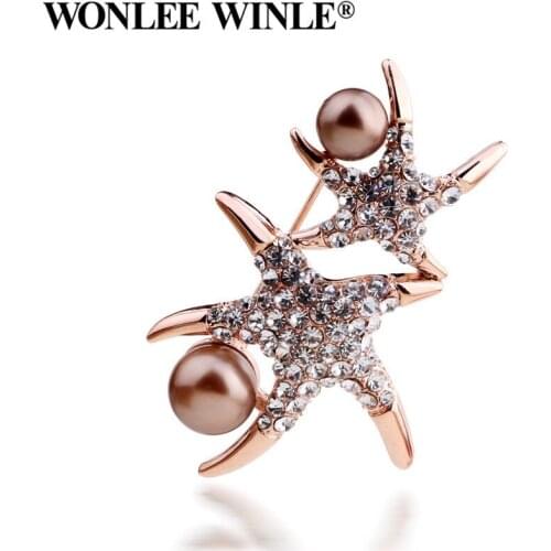 Wonlee Winle TOP Quality Full Rhinestone Austria Crystal Pearl Starfish Brooches for Women Fashion Jewelry