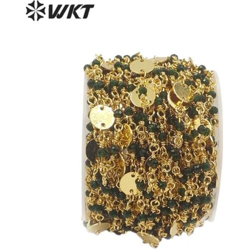 WT-RBC143 WKT New !Green Color Stone Beads Chain Beads And Paillette Gold Electroplated Rosary Chain For Women Stylish Jewelry