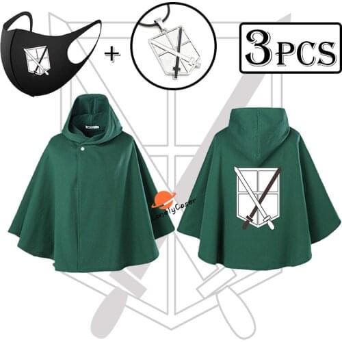 Anime Attack on Titan Cosplay Green Cloak Training Corps Cloak Shingeki No Kyojin Necklace Hooded Cape Eren Jaeger Keith Shadis