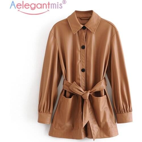 Aelegantmis Vintage Slim Pu Leather Jacket Women Motor Biker Jacket Tie Belt Waist Pu Coat Femael Pockets Streetwear Quality New