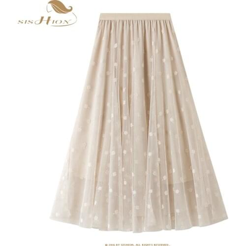 SISHION 2021 Spring Vintage Black Apricot Tulle Skirt VD1712 Women Elastic High Waist Mesh Long Tutu Skirt Female Jupe Longue