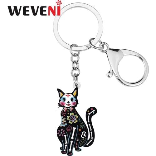 WEVENI Acrylic Halloween Sweet Flowers Skull Skeleton Sitting Cat Keychains Fashion Key Ring Charm Gifts Jewelry For Women Girl