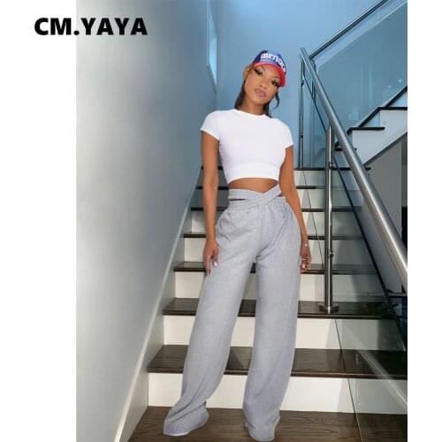 CM.YAYA Women Pant Solid Elastic Waist Hollow Out Loose Wide Leg Full Length Pants Casual High Street Fashion Trousers Summer