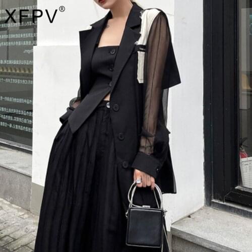XFPV 2021 Spring Autumn Patchwork Blazer Women Tide Fashion Notched Collar Perspective Single Breasted Personality Coat SL931
