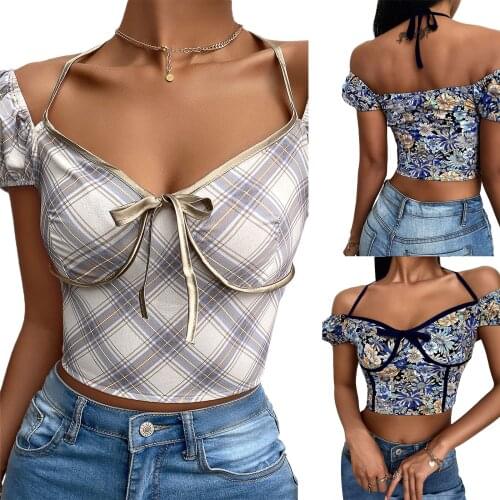 Female Crop Tops, Flower/ Plaid Print Boat Neck Short Sleeve Blouse Off Shoulder Shirt for Summer, S/M/L