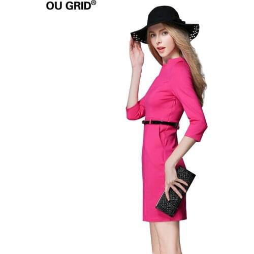 Womens Rose Red V-Neck 3/4 Sleeve Elegant Business Slim Bodycon Dress with Belt