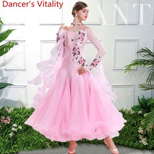 Women Adult Modern Dance Embroider Diamond Dress with Ribbon New National Standard Waltz Dancing Slap-up Competition Costume