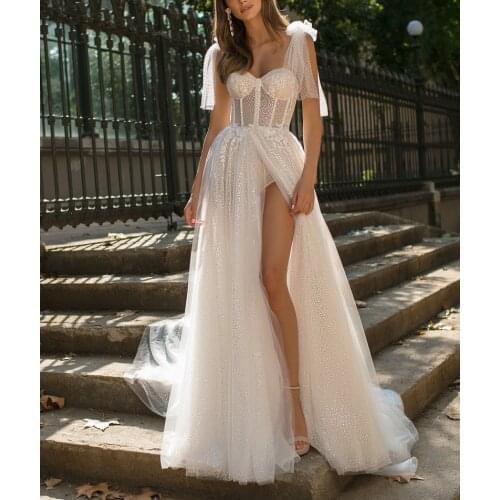 SSYFashion New Evening Dress Sexy White V-neck Sleeveless Tulle High-split Beach Backless Prom Formal Gown Custom Robe De Soiree