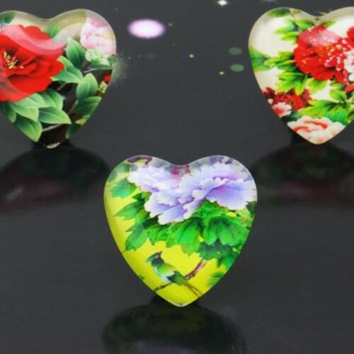 10pcs/lot 25mm Art Flower Handmade Photo Peach Heart Shape Glass Cabochons&Glass Dome Cover Pendant Cameo Settings
