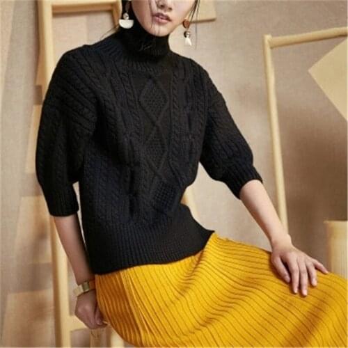 100% hand made pure wool twist knit women high collar short pullover sweater 3quarter sleeve retail wholesale customized