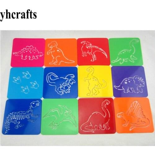 12PCS/LOT.Jurassic art stencil paint template Birthday gifts Kindergarten toys PP drawing stencils Dinosaur crafts Early DIY