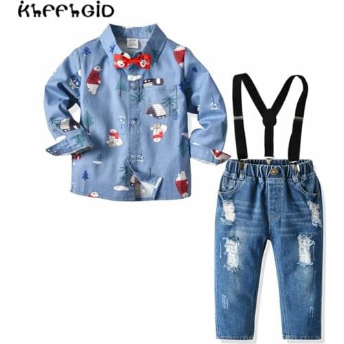 2020 kids autumn clothes baby boy bow tie shirt suspenders jeans gentleman suit suit casual shirt + jeans 0.1.2.3.4.5.66T