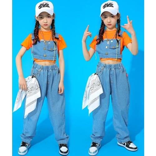 Kids Jazz Dance Costumes Girls Hip Hop Clothing Denim Vest Pants Short Sleeve Crop Tops Modern Performance Stage Outfits BL6275