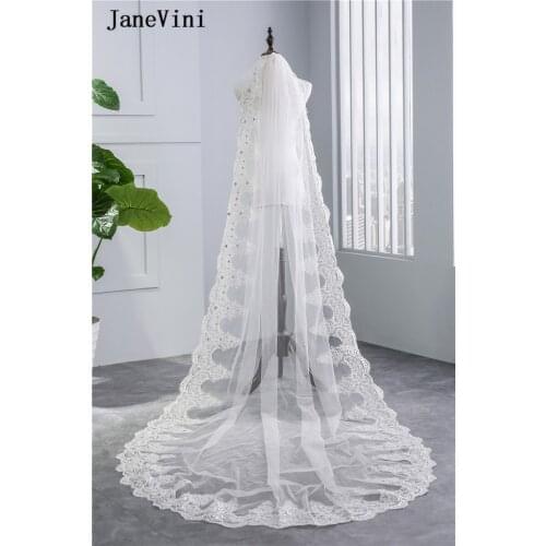 JaneVini Elegant Ivory Tulle Wedding Veil with Comb One Layer Lace Appliques Edge Sequins Beaded Long Bridal Wedding Accessories