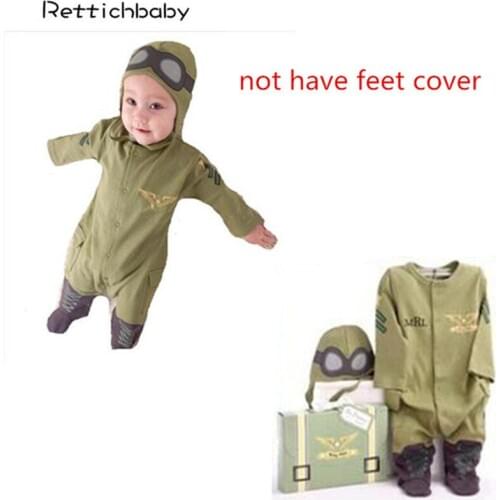Baby Boys Pilot Costume Air Force Captain Army Green Long Sleeve Romper with Hat Infant Toddler Clothing Roupas Infantil