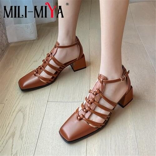 MILI-MIYA Fashion Square Toe Women Cow Leather Sandals Cover Heels Solid Color Ankle Wrap Buckle Strap Plus Size 34-41 For Lady