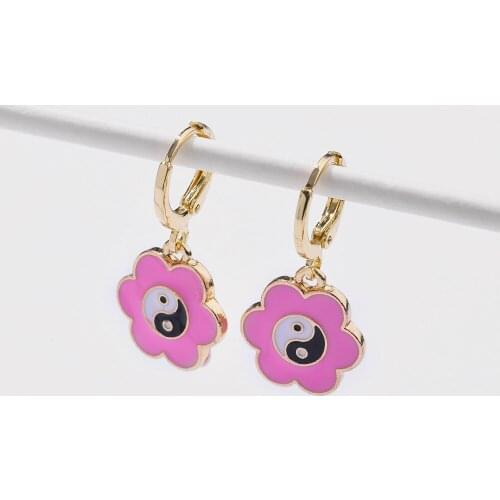 Fashion Colorful Enamel Flowers Drop Earrings for Women Girls Cute Yin Yang Geometric Earrings Korean Jewelry Aretes De Mujer