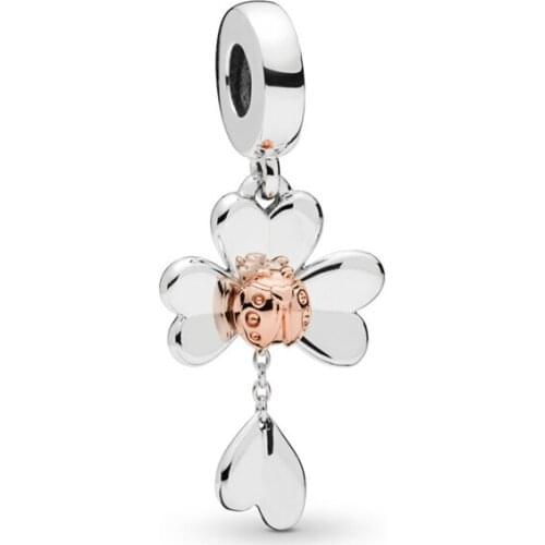 2019 New Original 925 Sterling Silver Bead Clover And Ladybird Dangle Charm Enamel Fit Pandora Bracelet Bangle DIY Women Jewelry