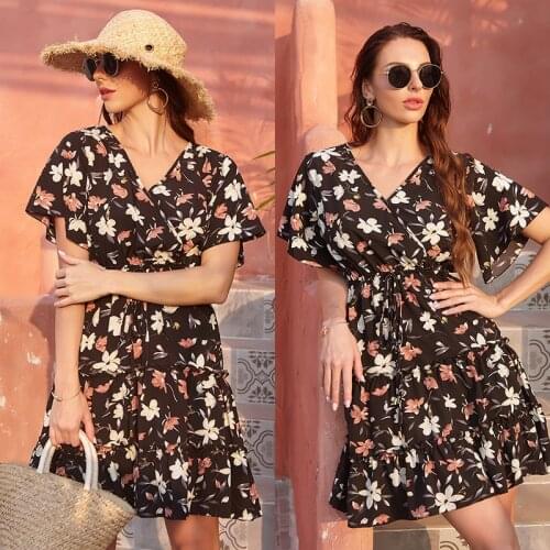 New Floral Patchwork V Neck Short Sleeve Women Dress 2021 Summer Chiffon Waist Tie A-line Dresses Sweet Style Mini Dress Robe