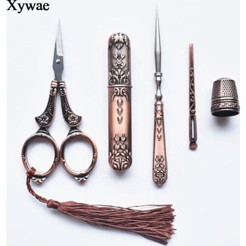 Retro Vintage Scissors Awl Threader Thimble Embroidery Scissors Tailor Craft Fabric Tools for Sewing Supplies Needlework Shears