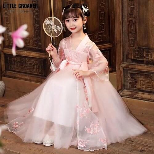 Autumn Spring China Ancient Fairy Clothing Childrens Improved Hanfu Pink Chinese Costume Chinese New Year Dress for Girls