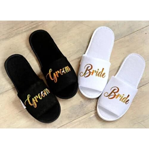 Personalised roles Wedding Slippers Bride Slippers Groom Slippers custom Gold Glitter Print shoes Black slippers