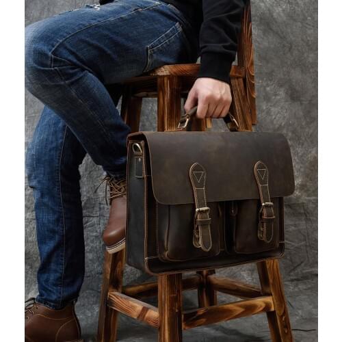 Vintage Men Briefcase Crazy Horse Genuine Leather Man Male Laptop Handbag Large Shoulder Messenger Portfolio Bag Business Case