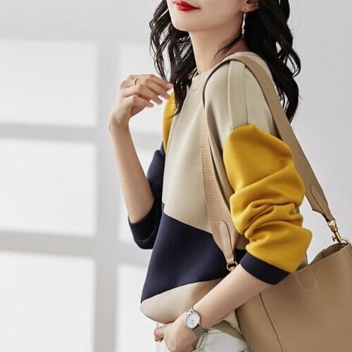 Pullover Cotton Hit Color Casual All-match Splicing Foreign Style Sweater Womens Fashion Soft Cotton Long-sleeved Top Coat