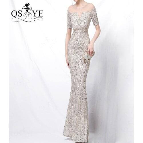 Fit Silver Evening Dresses Mermaid Sequin Evening Gown Bead Cap Sleeves Elegant Glitter Formal Party Women Short Sleeves Dress