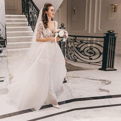 Deep V-Neck Lace Wedding Dresses Detachable Full Sleeve Lace Appliques Mermaid Wedding Gowns Vestido de novia Bridal Dress