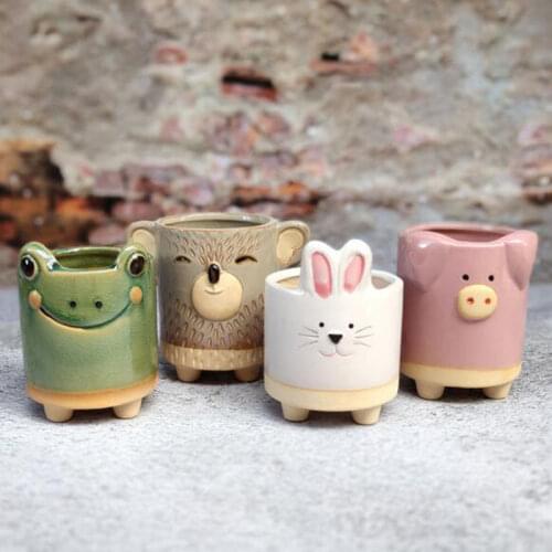 4pcs/set Cute Animal Rabbit Pig Frog Flowerpot Desktop Decor Ceramic Succulent Plant Pot Handmade Coarse Pottery Vase Container
