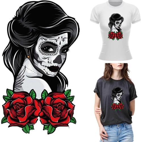 Iron On Patches Skull Art Thermal Sticker Clothes Cool Girl Heat Transfer For T-Shirt Hoodies Tops Thermal Press Vinyl Diy